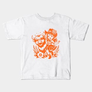 Western CowGirl Kid and Highland Cow - Retro style Unique Cowboy Themed Kids T-Shirt